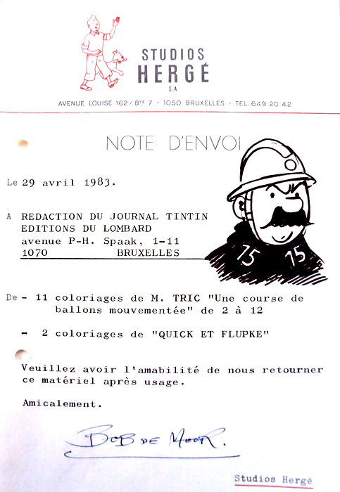 Bob De Moor draws Agent Officer No. 15 on a memo for the Tintin Journal