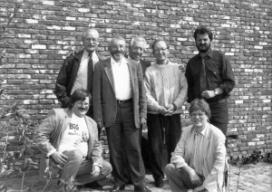 The jury for the 'Bronzen Adhemar 1991' in Turnhout, Belgium. From the left to the right: Ad Hendrickx, Bob De Moor, Jan Smet, Marc Sleen, Manu Manderveld, Patrick Van Gompel, Hec Leemans.