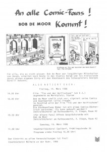 The announcement of Bob De Moor visiting Mülheim, Germany on March 14&15, 1986. Do you recognize the Barelli drawing?