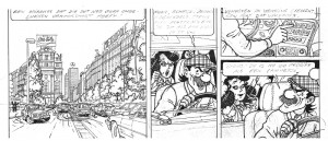 The middle strip of the 15th page in the "Barelli in Bruisend Brussel" album. Bob De Moor already inked the characters.