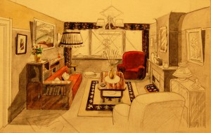An interior design by Bob De Moor, probably late 40s, early 50s.