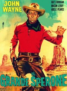 The poster for the Italian version of "Wyoming Outlaw" (a 1939 American 'Three Mesquiteers' Western film) featuring John Wayne as Stony Brooke.