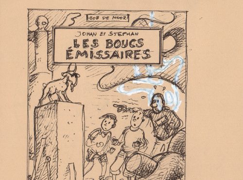 In 1989 Casterman and Rijperman released the first color album version of "De Zondebokken" ("Les Bouts Emissaires" in French, and "De Geitenrijders" in the original Flemish version which was also the very first Snow en Snolleke album ever). For that reedition Bob De Moor would prepare a lot of different versions of the cover artwork. Today we present you one already which we found back in the collection of Olivier Marin and which was made for a Rijperman version in mind (the title is also in French and not in Dutch). The drawing was made on drawing stationary from the Hergé Studios as you can see and is rather small, but drawn in a very swift and fluent way. The black and white drawing is quite different from the final version as you can see below. In this early version you see Snow and Snolleke (renamed Johan and Stefan in the dutch version - Johan and Stephan in the French version) together with Uncle Zigomar (ridiculously translated Oom Watje in Dutch) looking at a goat statue placed on a high pedestal. Zigomar is holding a hammer, referring to his role as a sculptor in this album. You will notice that De Moor 'deleted' a sculpture in the background in order to make Zigomar more visible. Zigomar seems terrified of the statue, which is not really all that logical, it's a statue after all. And that might well have been Bob De Moor's reason not to go into this direction. Add to this that compared to the final version this one has a lot less action, you just see the trio watching the statue. In the final version, you find inspector Evaristus who is about to be knocked down whilst watching a sculpture of a goat. Small detail, the scene presented on the cover artwork of the album never happened in the album, in reality Evaristus was watching an empty pedestal. But Bob De Moor wanted to get the goat statue central in the drawing's action.