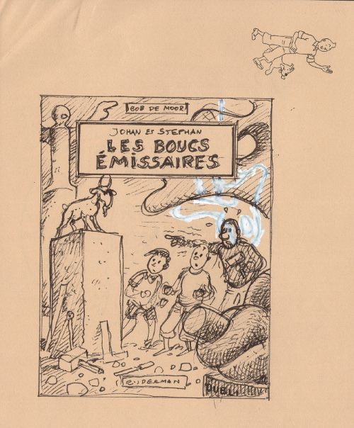 In 1989 Casterman and Rijperman released the first color album version of "De Zondebokken" ("Les Bouts Emissaires" in French, and "De Geitenrijders" in the original Flemish version which was also the very first Snow en Snolleke album ever). For that reedition Bob De Moor would prepare a lot of different versions of the cover artwork. Today we present you one already which we found back in the collection of Olivier Marin and which was made for a Rijperman version in mind (the title is also in French and not in Dutch). The drawing was made on drawing stationary from the Hergé Studios as you can see and is rather small, but drawn in a very swift and fluent way. The black and white drawing is quite different from the final version as you can see below. In this early version you see Snow and Snolleke (renamed Johan and Stefan in the dutch version - Johan and Stephan in the French version) together with Uncle Zigomar (ridiculously translated Oom Watje in Dutch) looking at a goat statue placed on a high pedestal. Zigomar is holding a hammer, referring to his role as a sculptor in this album. You will notice that De Moor 'deleted' a sculpture in the background in order to make Zigomar more visible. Zigomar seems terrified of the statue, which is not really all that logical, it's a statue after all. And that might well have been Bob De Moor's reason not to go into this direction. Add to this that compared to the final version this one has a lot less action, you just see the trio watching the statue. In the final version, you find inspector Evaristus who is about to be knocked down whilst watching a sculpture of a goat. Small detail, the scene presented on the cover artwork of the album never happened in the album, in reality Evaristus was watching an empty pedestal. But Bob De Moor wanted to get the goat statue central in the drawing's action.