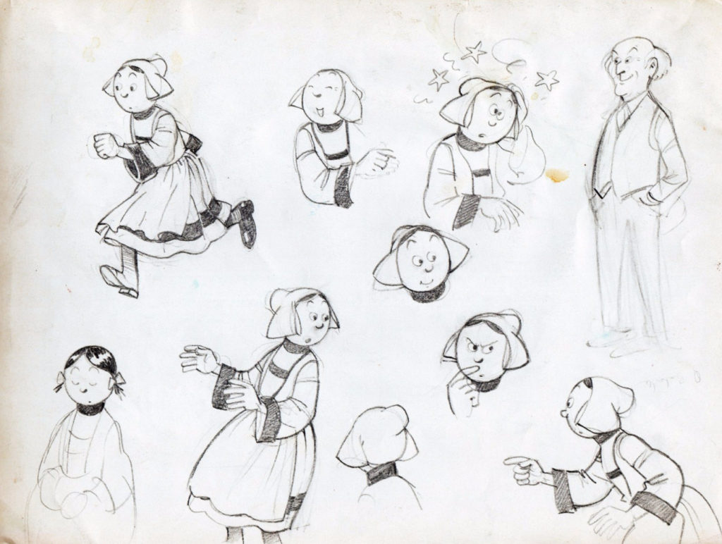 Preparatory drawings for Bécassine on the back of a Tintin chromo